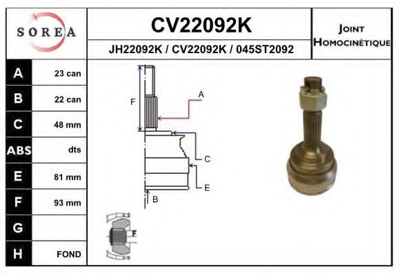CV22092K EAI Final Drive Joint, drive shaft