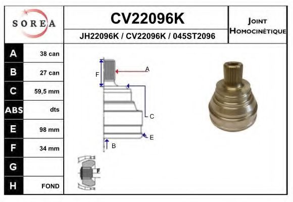 CV22096K EAI Final Drive Joint Kit, drive shaft