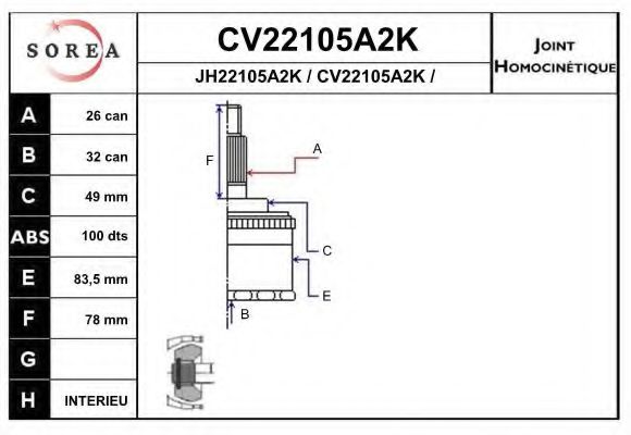 CV22105A2K EAI Final Drive Joint Kit, drive shaft