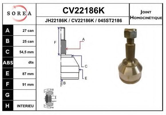 CV22186K EAI Final Drive Joint, drive shaft