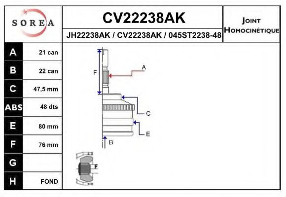CV22238AK EAI Final Drive Joint Kit, drive shaft