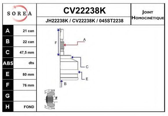 CV22238K EAI Final Drive Joint Kit, drive shaft