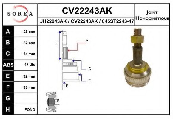 CV22243AK EAI Final Drive Joint Kit, drive shaft