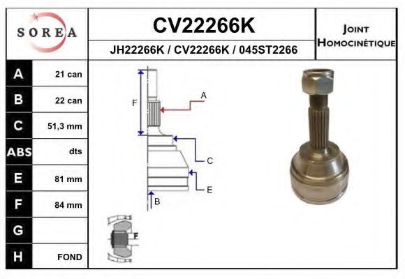 CV22266K EAI Final Drive Joint Kit, drive shaft