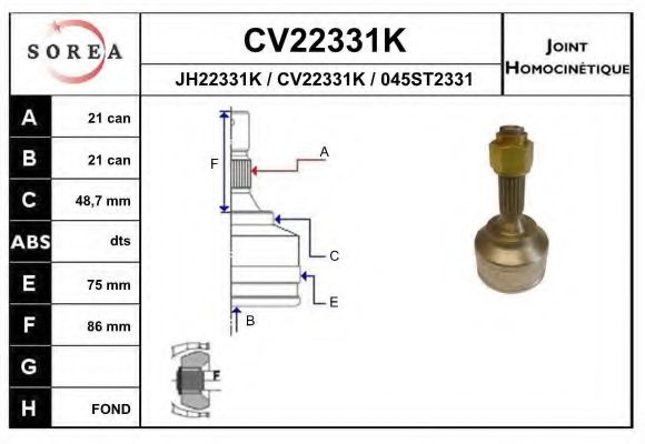 CV22331K EAI Final Drive Joint, drive shaft