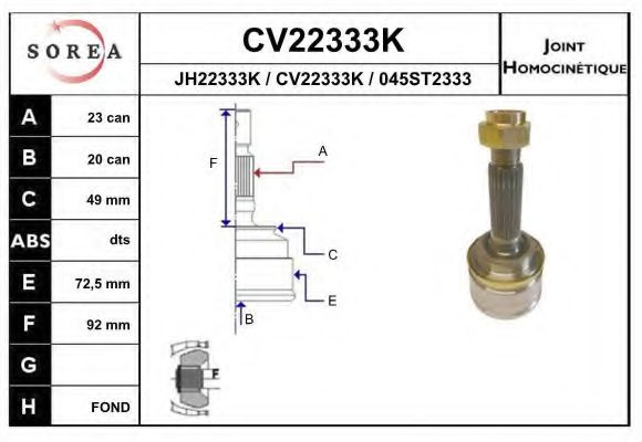 CV22333K EAI Final Drive Joint Kit, drive shaft