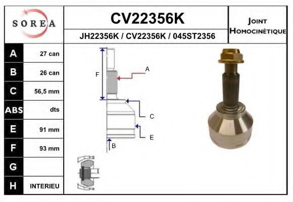 CV22356K EAI Final Drive Joint Kit, drive shaft