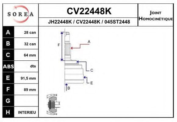 CV22448K EAI Final Drive Joint Kit, drive shaft