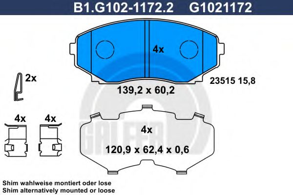 B1.G102-1172.2 GALFER Bremsanlage Bremsbelagsatz, Scheibenbremse