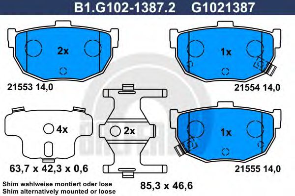 B1.G102-1387.2 GALFER Bremsanlage Bremsbelagsatz, Scheibenbremse