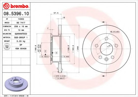 08.5396.10 BREMBO Тормозная система Тормозной диск