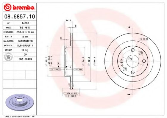 08.6857.10 BREMBO Тормозная система Тормозной диск