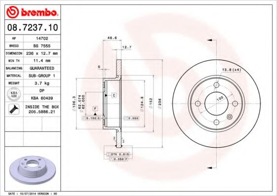 08.7237.10 BREMBO Тормозная система Тормозной диск