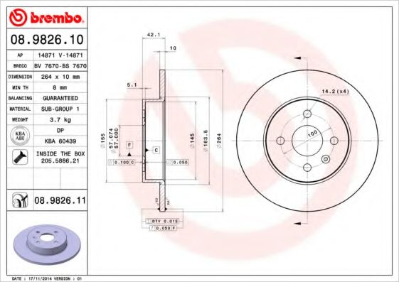08.9826.11 BREMBO Тормозная система Тормозной диск
