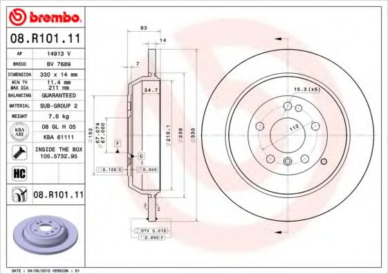 08.R101.11 BREMBO Тормозная система Тормозной диск