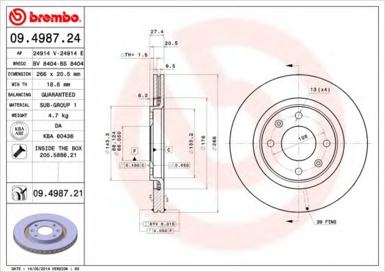 09.4987.24 BREMBO Тормозная система Тормозной диск