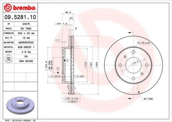 09.5281.10 BREMBO Тормозная система Тормозной диск