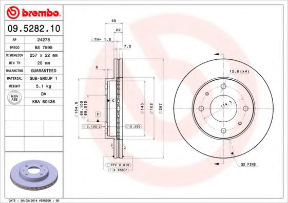09.5282.10 BREMBO Тормозная система Тормозной диск
