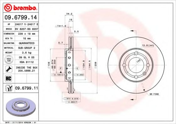 09.6799.14 BREMBO Тормозная система Тормозной диск