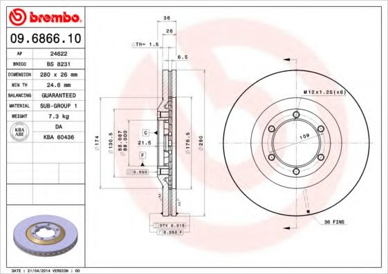 09.6866.10 BREMBO Тормозная система Тормозной диск