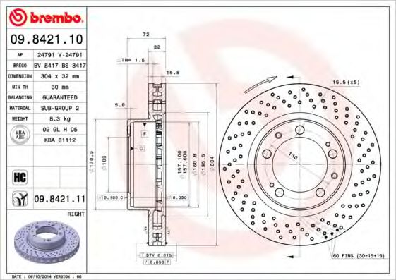09.8421.10 BREMBO Тормозная система Тормозной диск