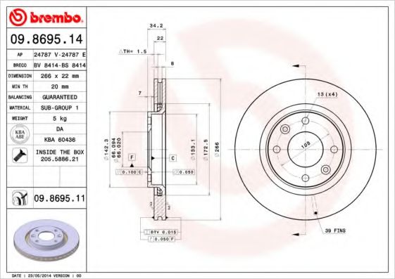 09.8695.11 BREMBO Тормозная система Тормозной диск