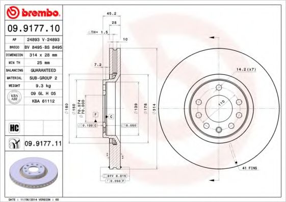 09.9177.10 BREMBO Тормозная система Тормозной диск