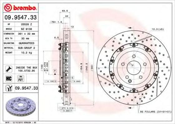 09.9547.33 BREMBO Тормозная система Тормозной диск