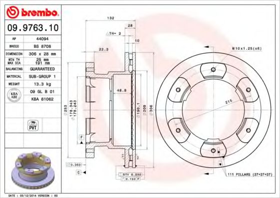 09.9763.10 BREMBO Тормозная система Тормозной диск
