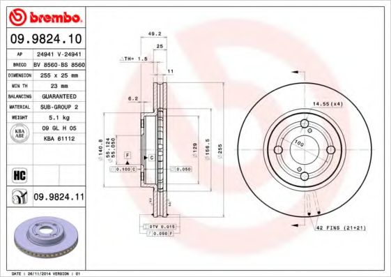 09.9824.10 BREMBO Тормозная система Тормозной диск