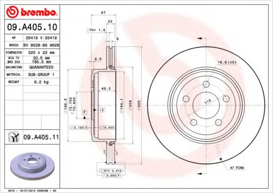 09.A405.10 BREMBO Brake System Brake Disc