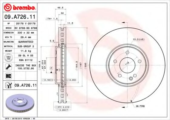 09.A726.11 BREMBO Тормозная система Тормозной диск