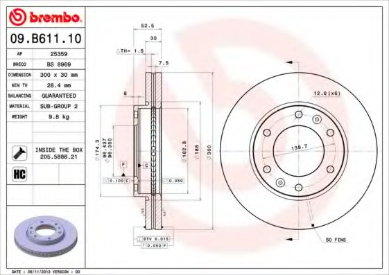 09.B611.10 BREMBO Тормозная система Тормозной диск