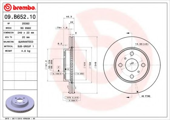 09.B652.10 BREMBO Тормозная система Тормозной диск