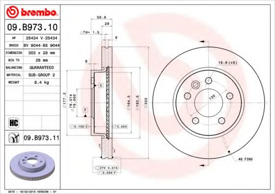 09.B973.10 BREMBO Тормозная система Тормозной диск