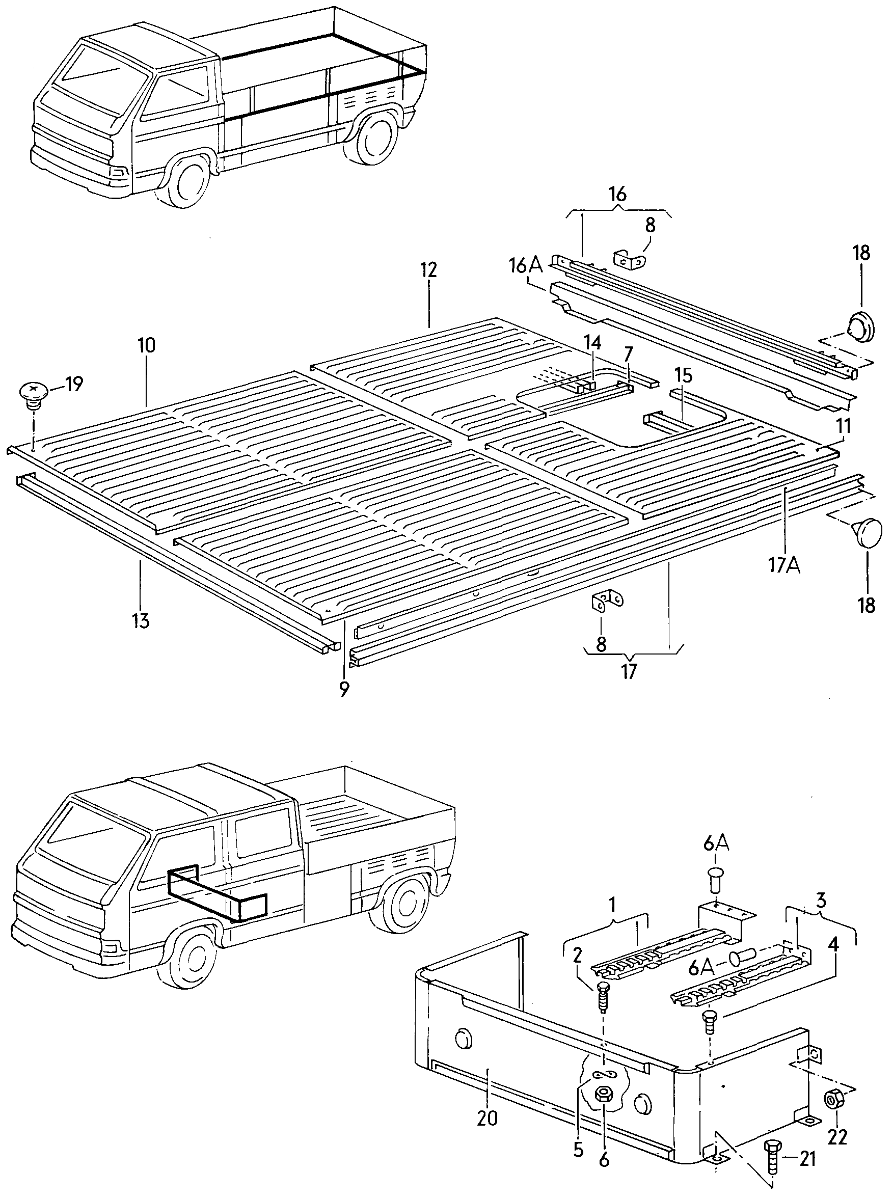 Bodenblech, Sitzkasten,
Laengs- und Quertraeger - Typ 2/syncro(T2)  