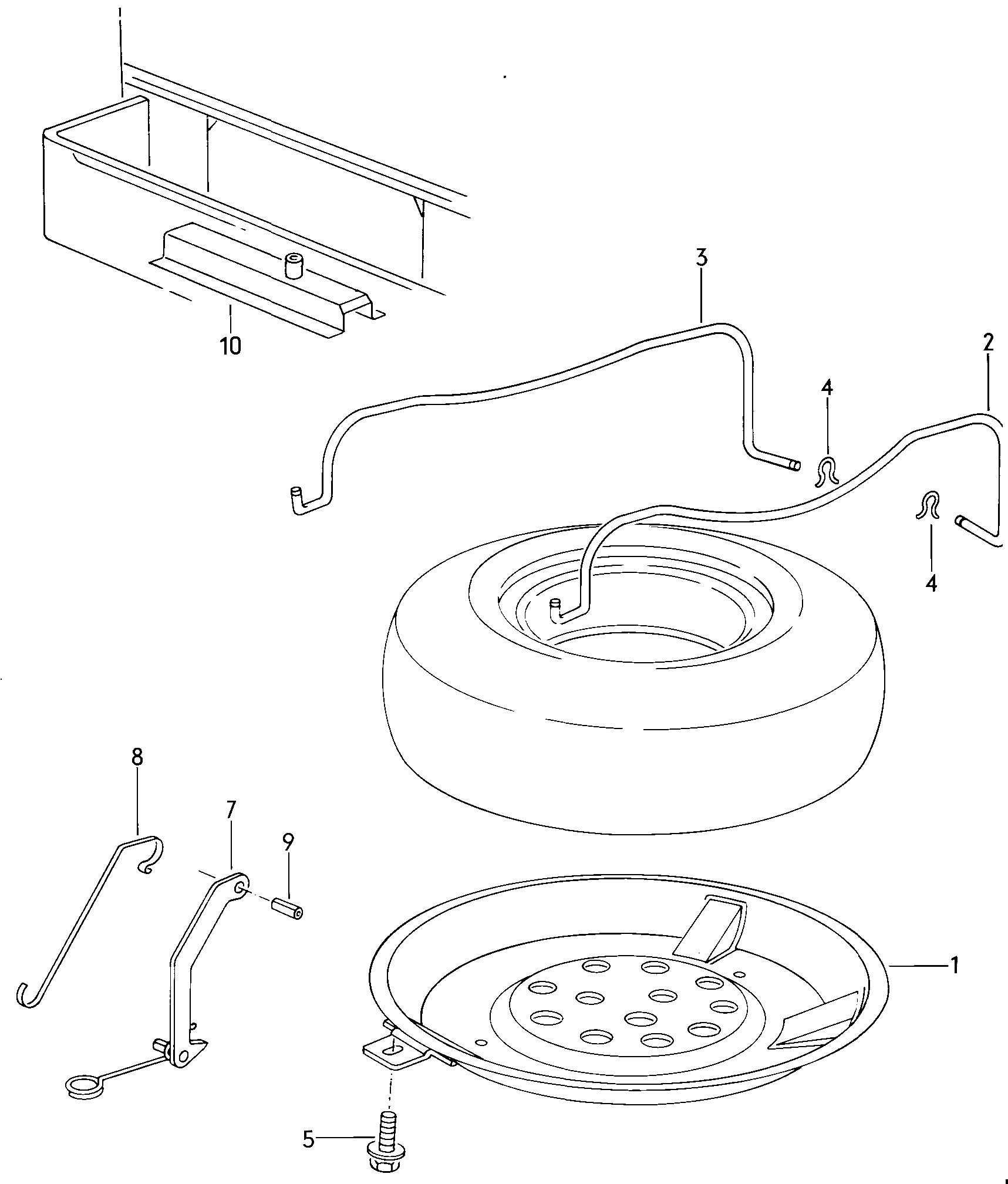 Reserveradbefestigung unter
dem Pedalboden vorn - Typ 2/syncro(T2)  
