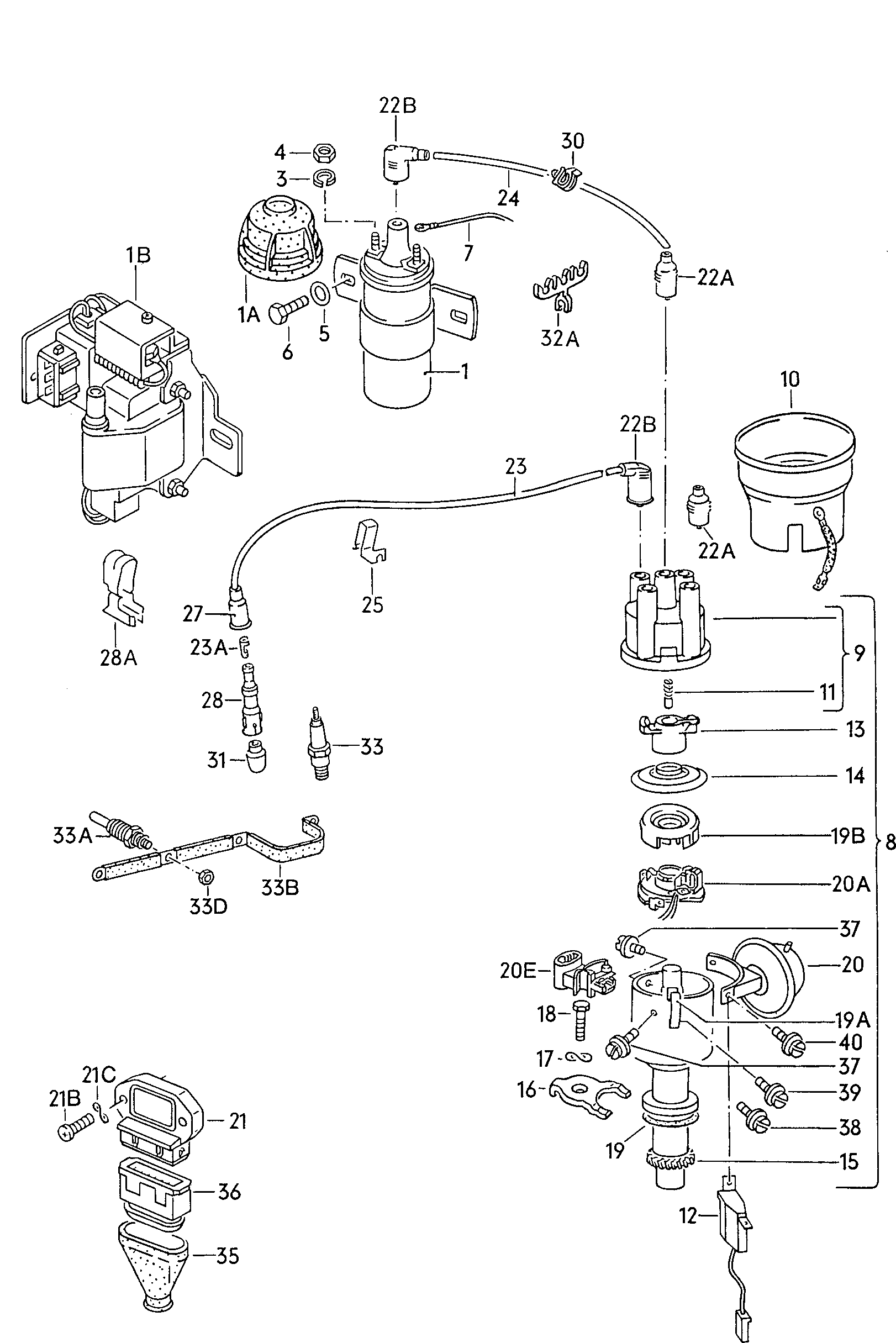 stroomverdeler; bobine; bougiekabel; gloeibougie - Audi 80/90/Avant(A80)  