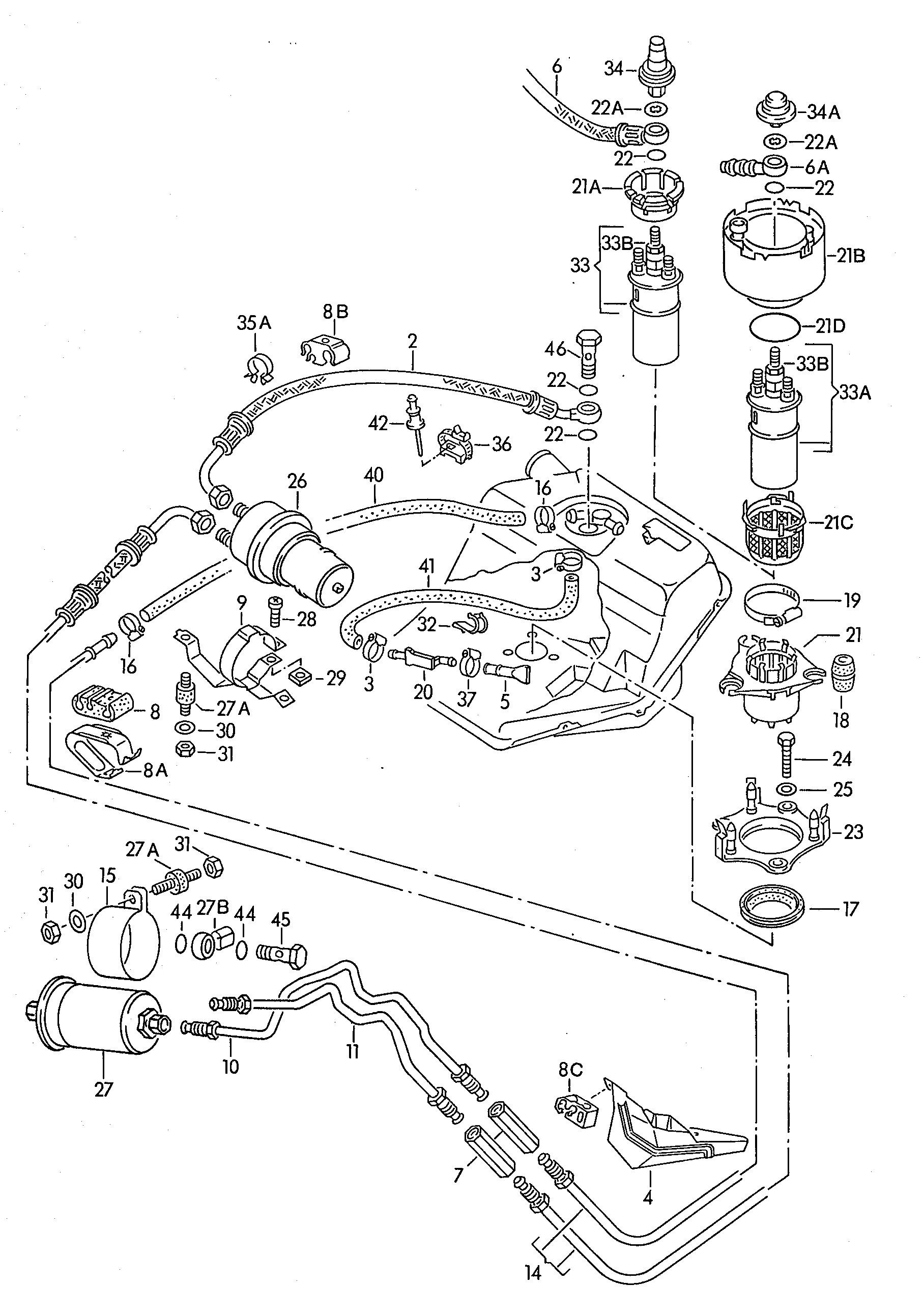 燃油存储器; 燃油滤清器; 燃油泵; 燃油管 - Audi 100/Avant(A100)  
