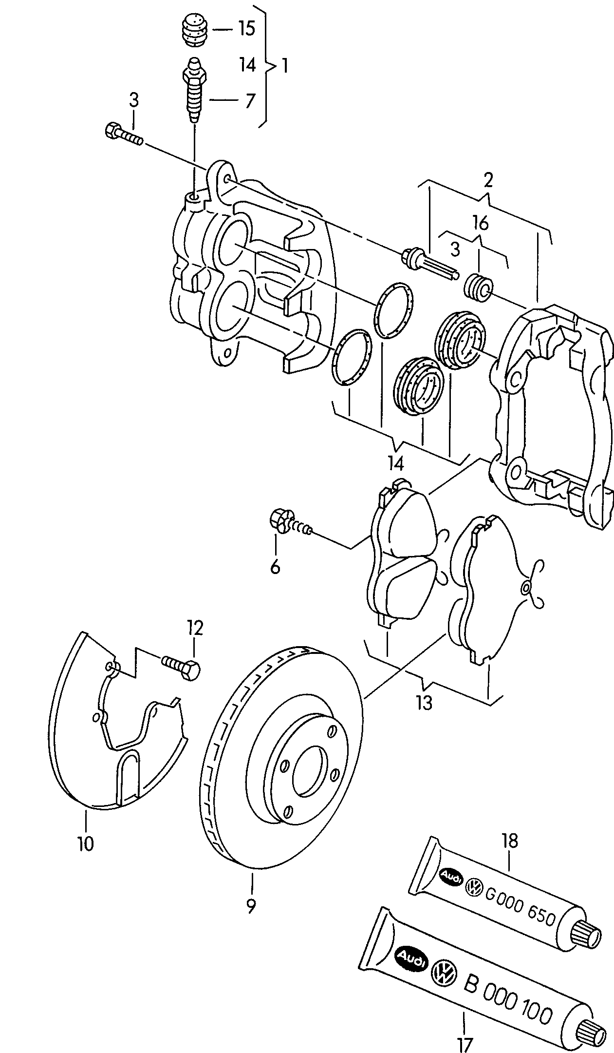 floating caliper brake; brake caliper housing; bra... - Audi Cabriolet(ACA)  