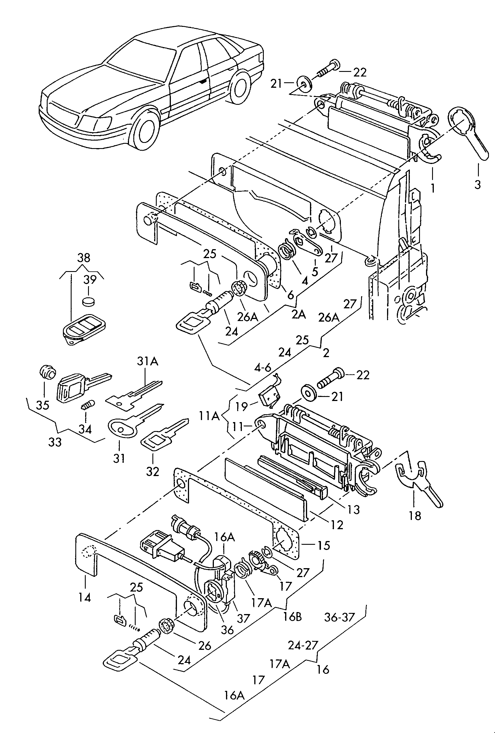 ロックシリンダー,
ドアハンドル用; キー - Audi 80/90/Avant(A80)  