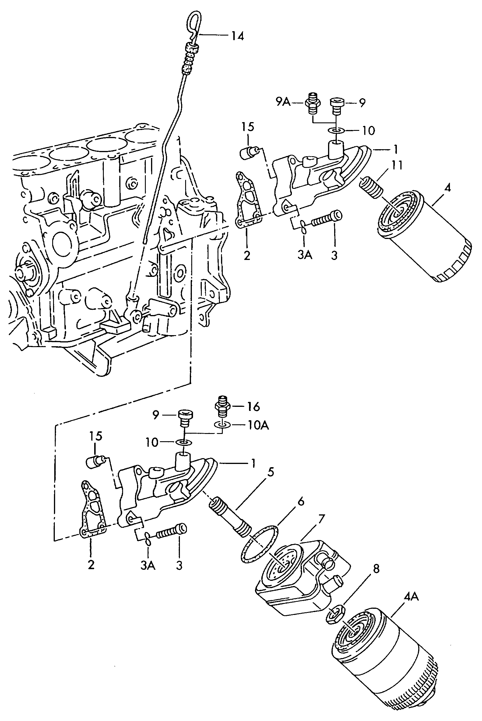filtr olejovy; drzak olejoveho filtru; merka oleje - Audi 80/90/Avant(A80)  