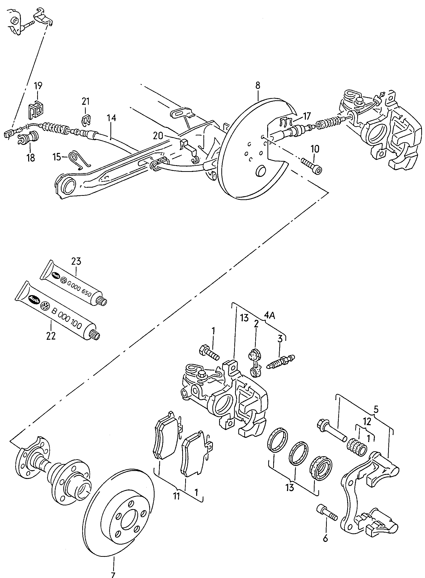 拳式鞍座制动器; 制动钳壳体; 带导向螺栓的
制动器支架; 制动盘 - Audi 100/Avant(A100)  