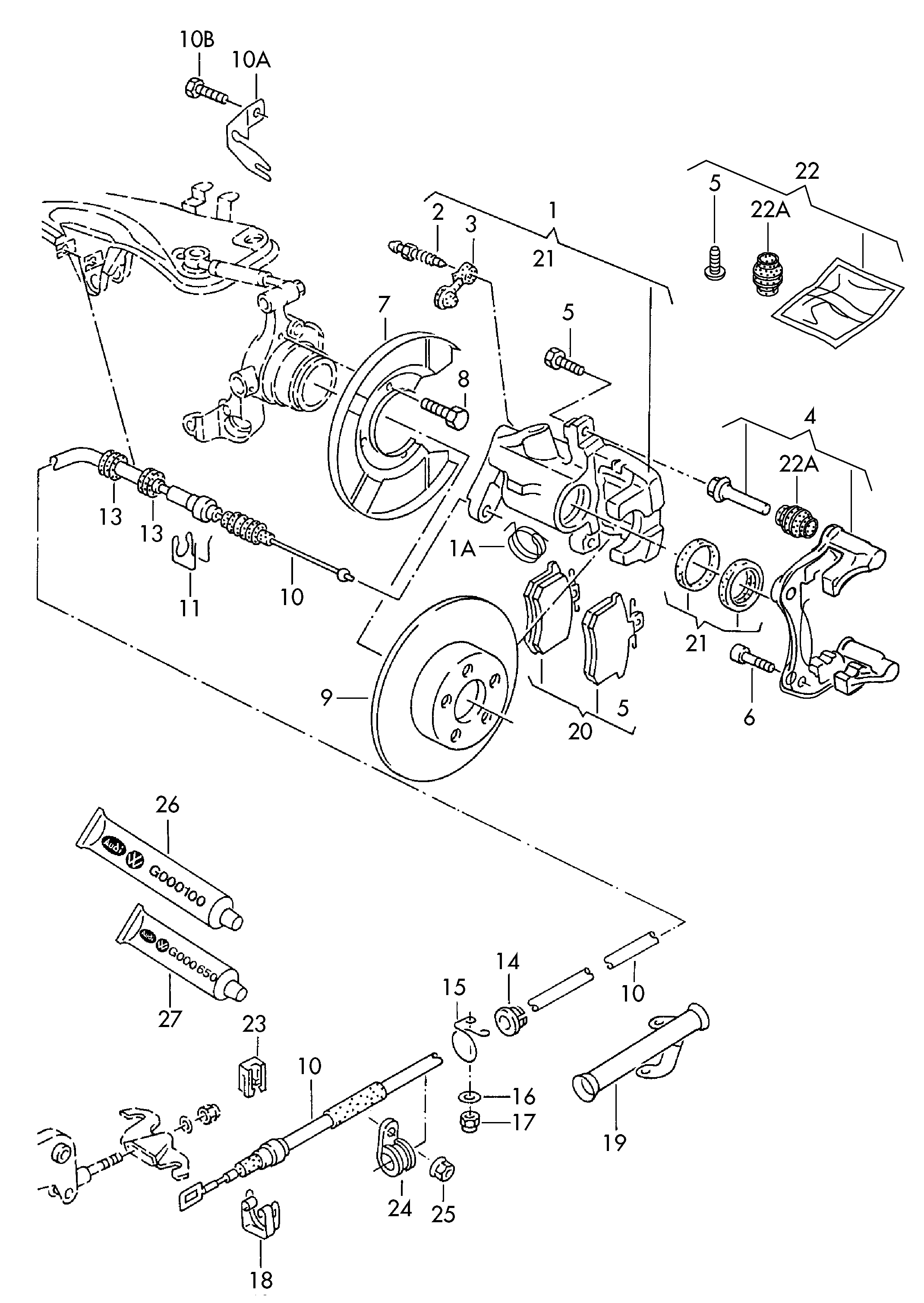 floating caliper brake; brake disc; brake cable - Audi 100/Avant quattro(A10Q)  