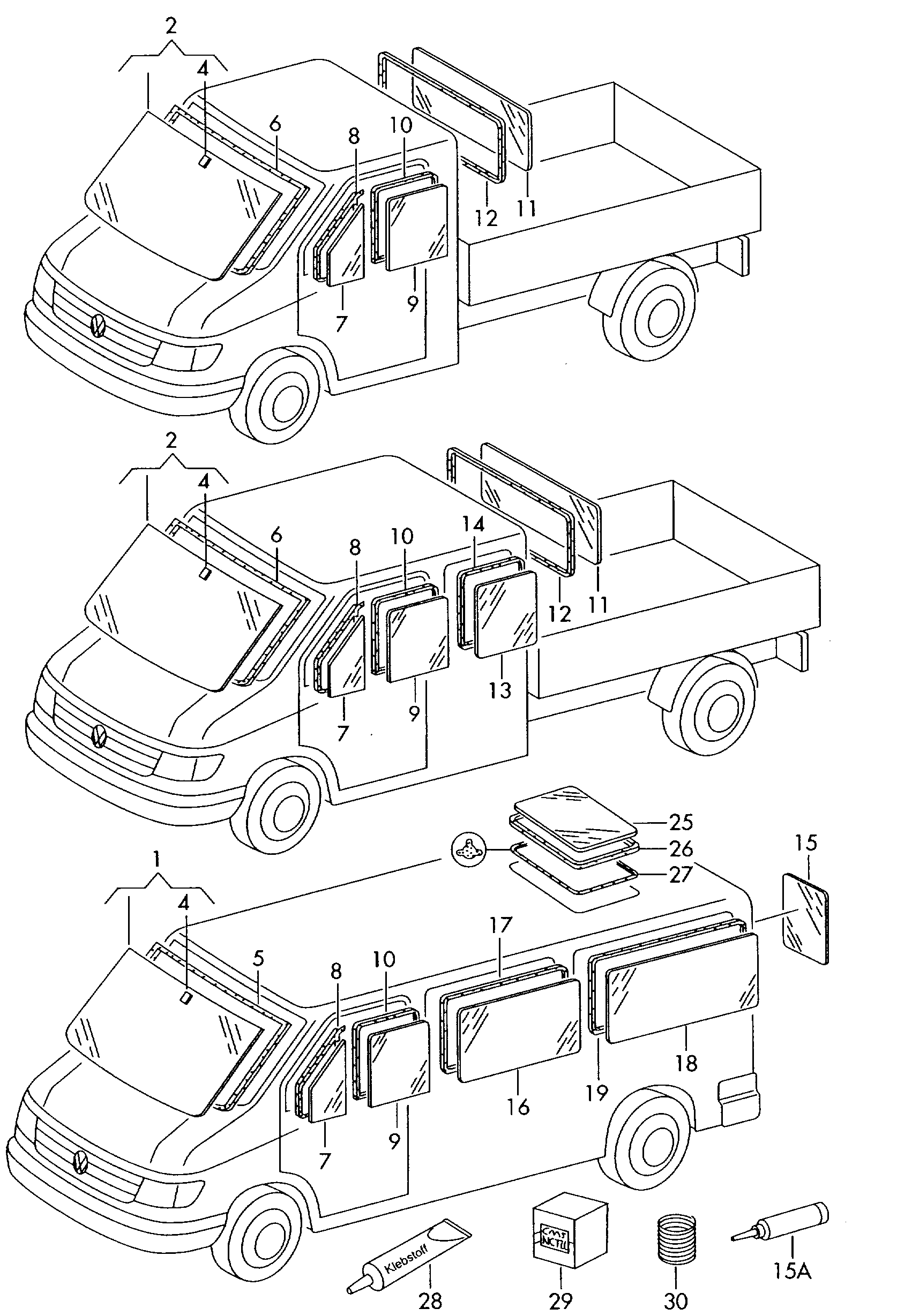 szyby, uszczelki szyb; okno dachu - LT, LT 4x4(LT)  