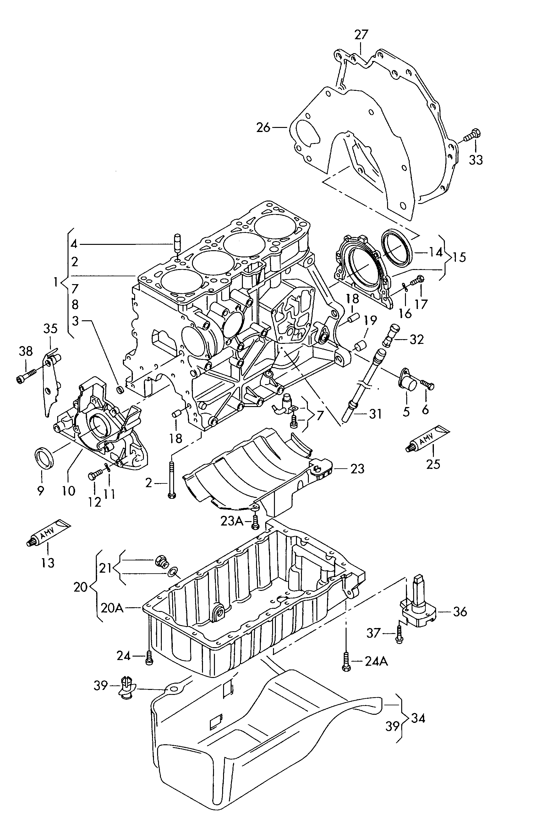 cylinder block with pistons; oil sump - Passat/4Motion/Santana(PA)  