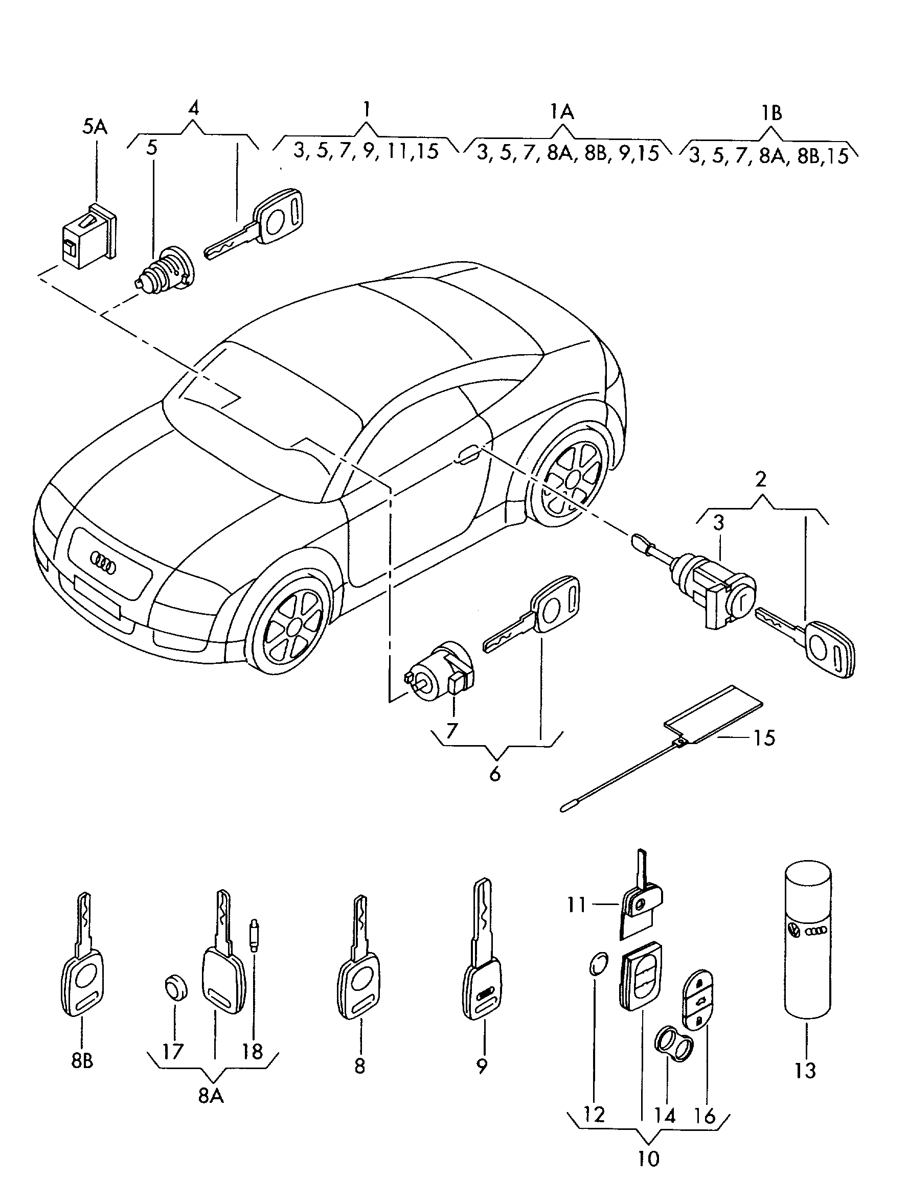 lock cylinder with housing; key - Audi TT/TTS Coupe/Roadster(ATT)  