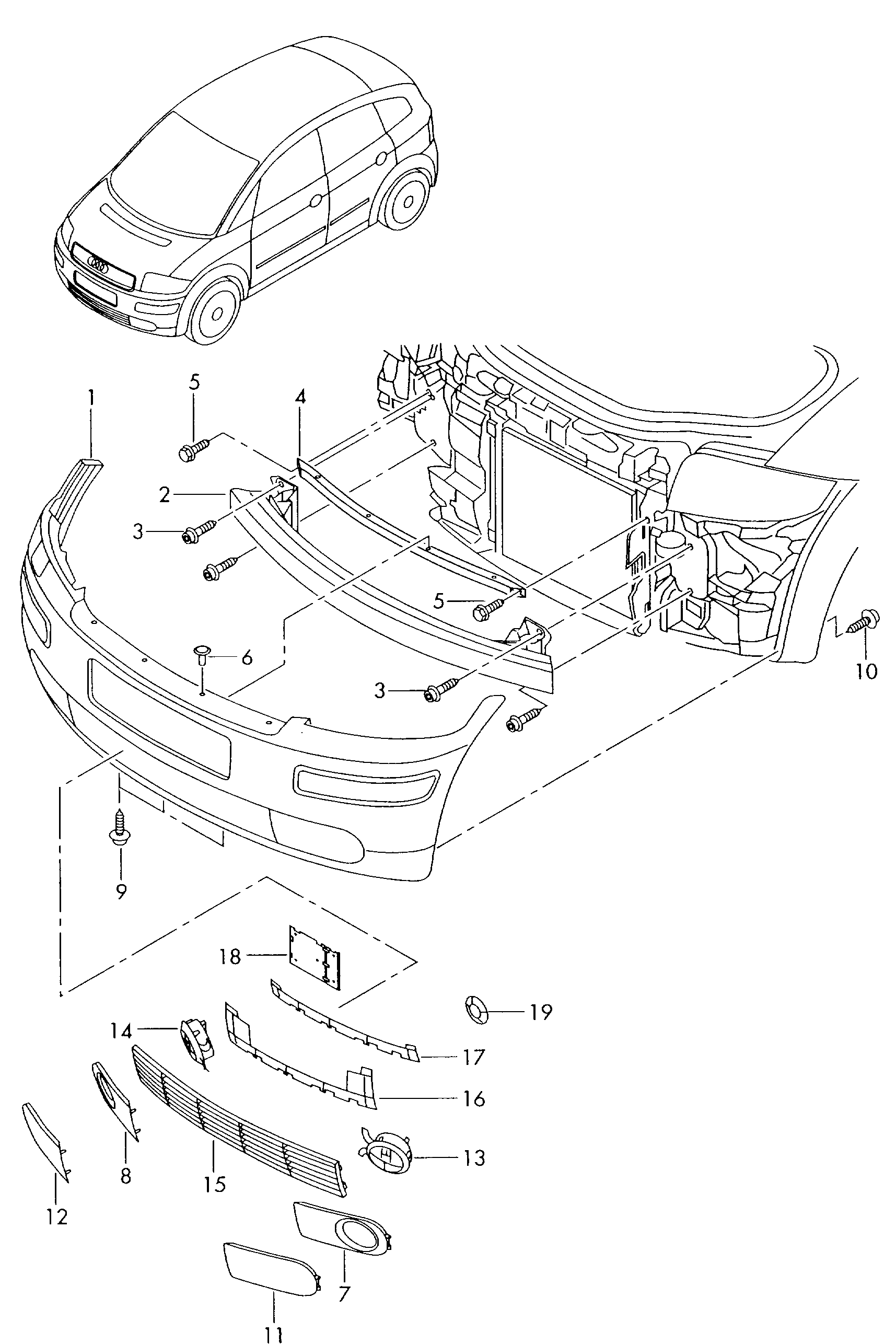 bumper; side reinforcement; air guide grille - Audi A2(A2)  