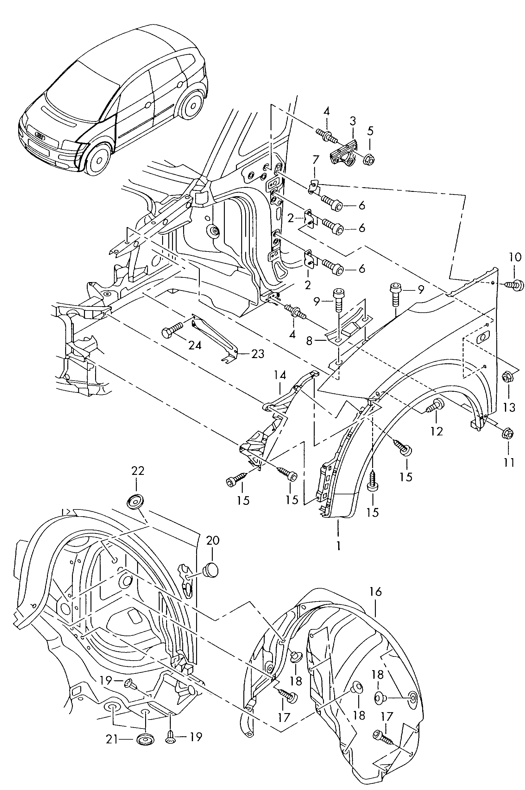parafango; guscio passaruota- plastica - Audi A2(A2)  