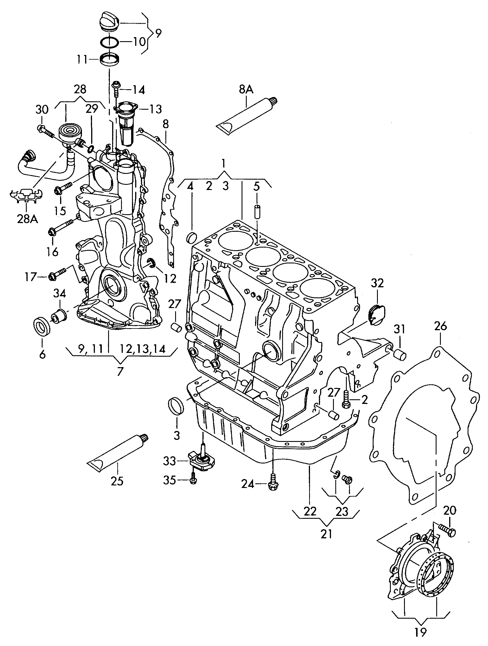 cylinder block with pistons; timing case; oil sump - Audi A3/S3/Sportb./Lim./qu(A3)  